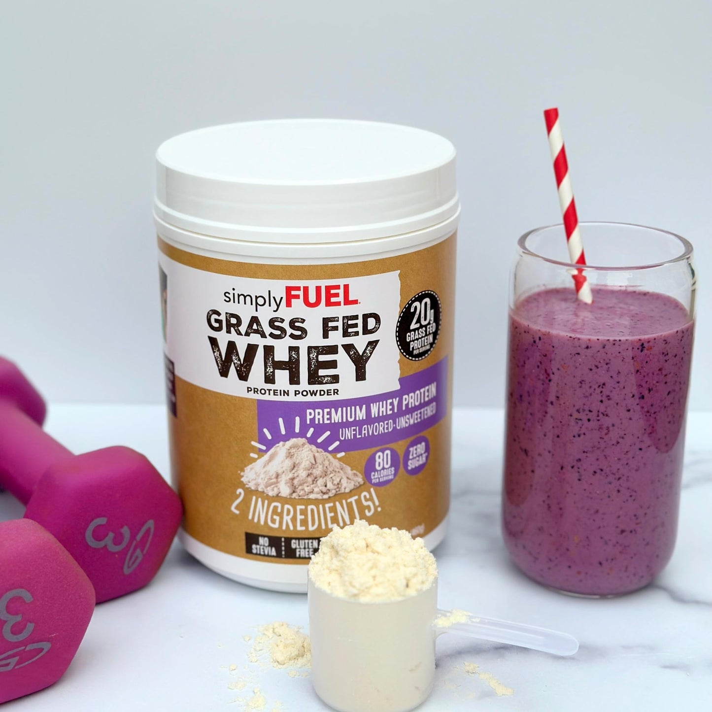 simplyFUEL Whey Protein Powder, 100% Grass-Fed, Unflavored, Unsweetened, Zero Sugar or Carbs, Gluten-Free, 20 g Protein per Serving, 16 oz