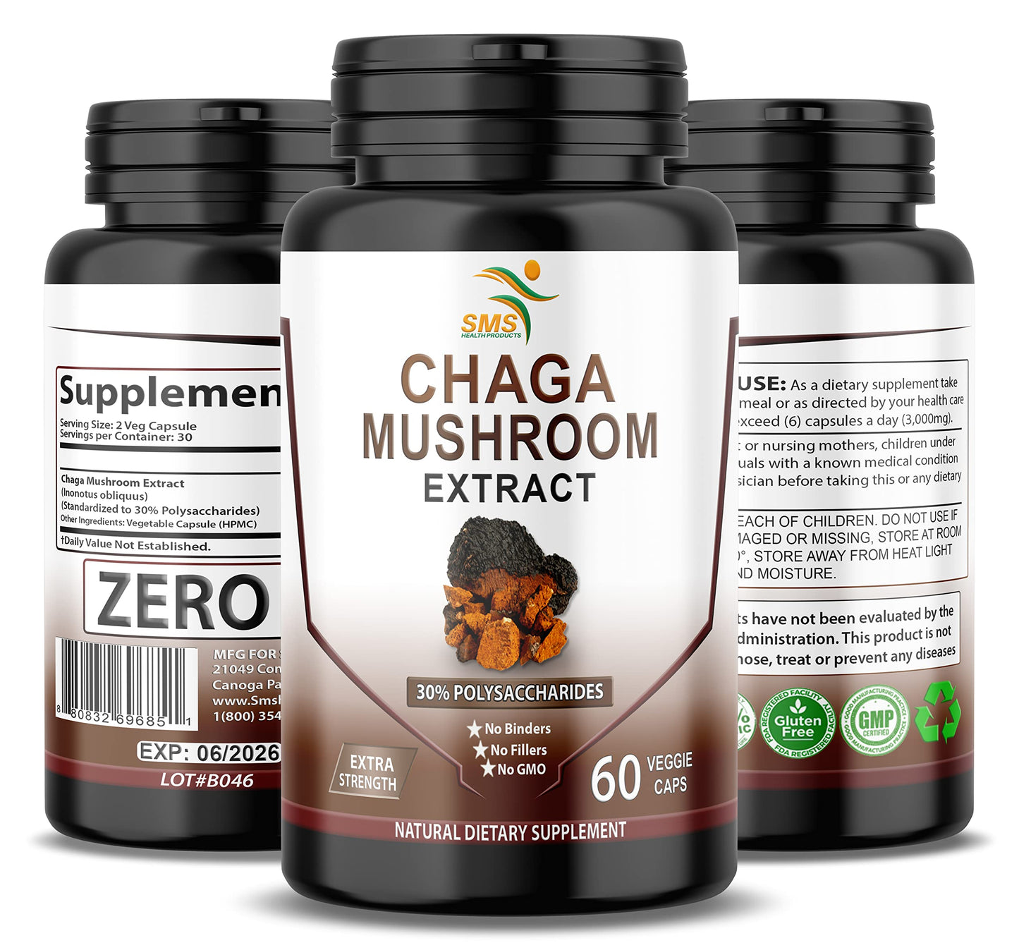 SMSHEALTHPRODUCTS.com Chaga Mushroom Capsules 30% Polysaccharides, 60 Veggie Caps