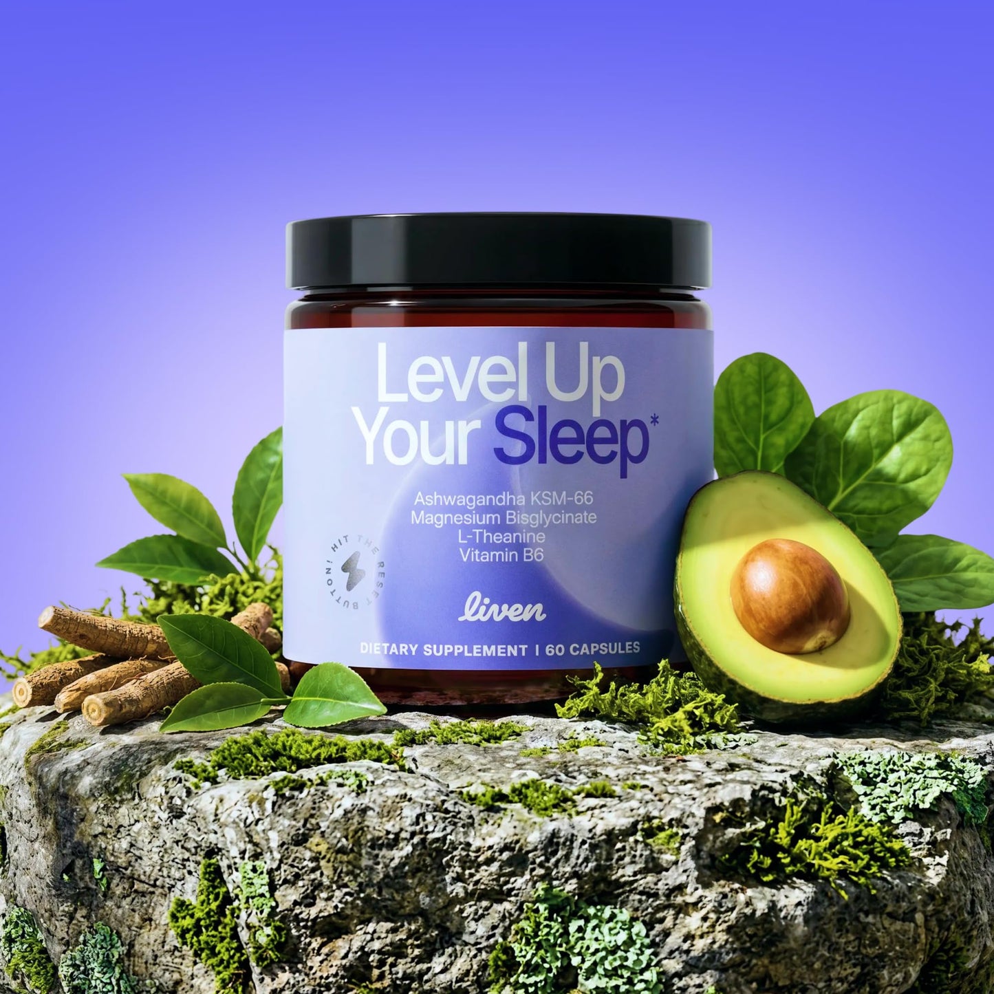 LIVEN SUPPLEMENTS Level Up Your Sleep - Magnesium, Ashwagandha, L-Theanine & Vitamin B6 – Daily Balance & Calm Support, 60 Capsules
