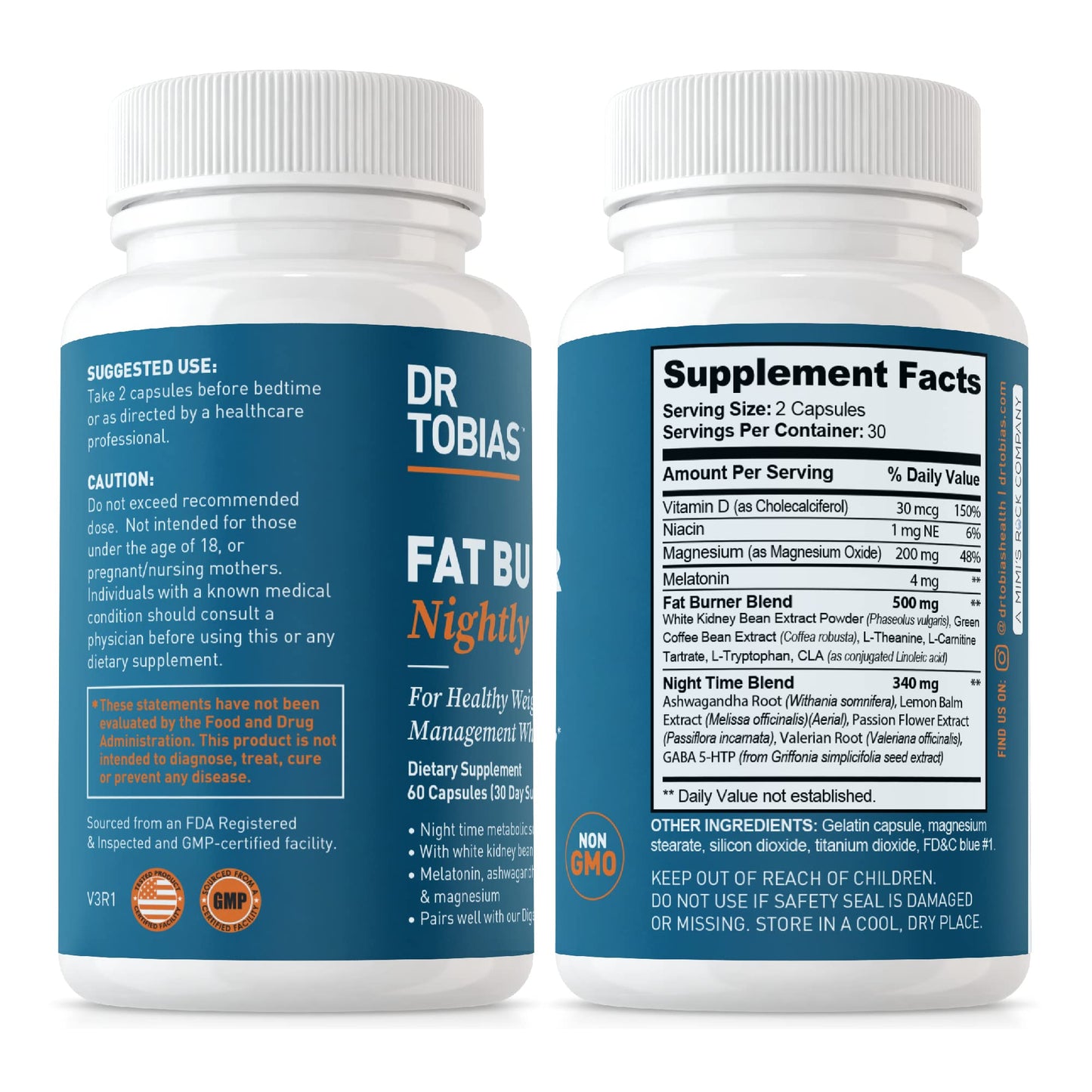 Dr. Tobias Fat Burner Nightly - Night Time Metabolic Support with White Kidney Bean Extract, Ashwagandha Root, Green Coffee Bean Extract & Melatonin Capsule, 60 Count