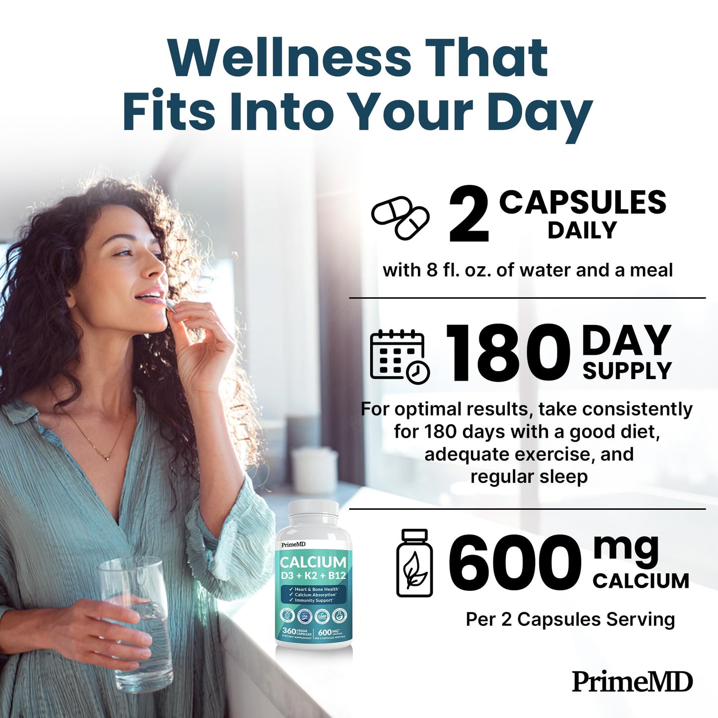 PrimeMD 4-in-1 Calcium Citrate with D3 & K2 for Women & Men, 600mg Calcium, 5000 IU Vitamin D3, 360 Capsules