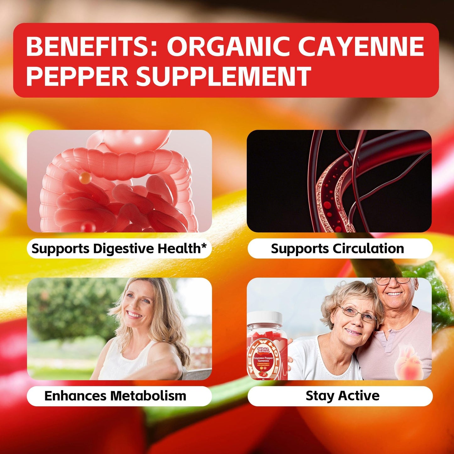 Well&Whole Cayenne Pepper Extract Gummies with Hawthorn, CoQ10, Turmeric, Niacin and Vitamin D3 - Support for Cardiovascular Health, Energy and Vitality - Vegan & Non-GMO, 60 Gummies