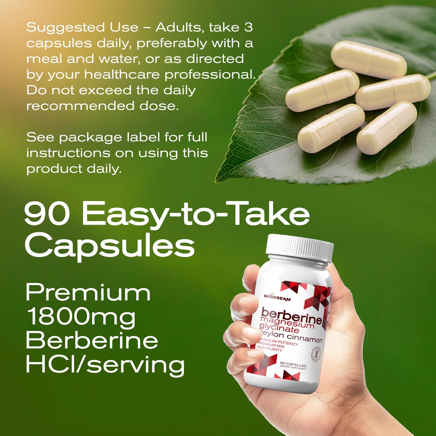 MuseBeam Berberine HCL Magnesium Glycinate Supplement Capsule, 90 Count
