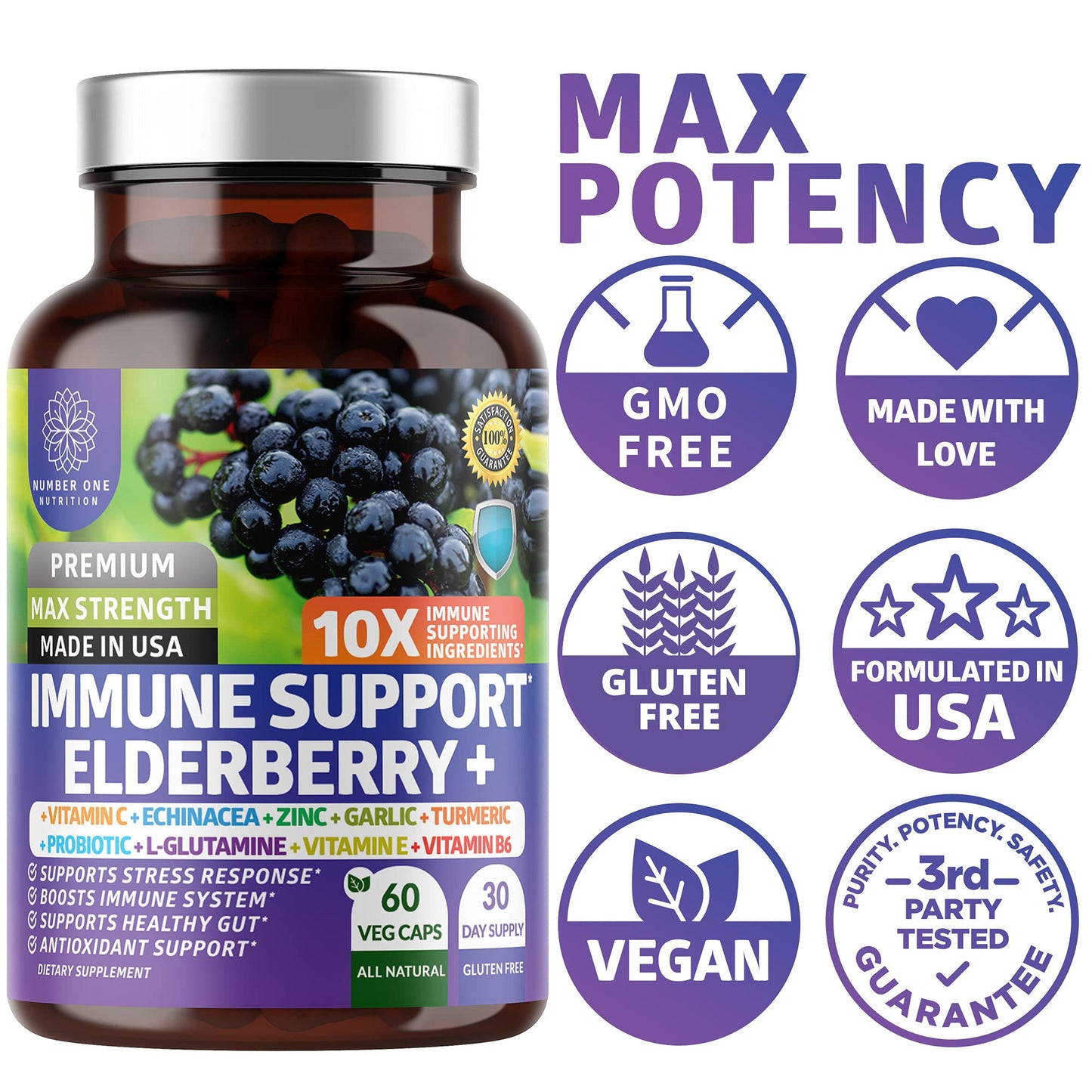Number One Nutrition Elderberry Immune Support 10-in-1 with Zinc Vitamin C Probiotics Capsules, 60 Capsules