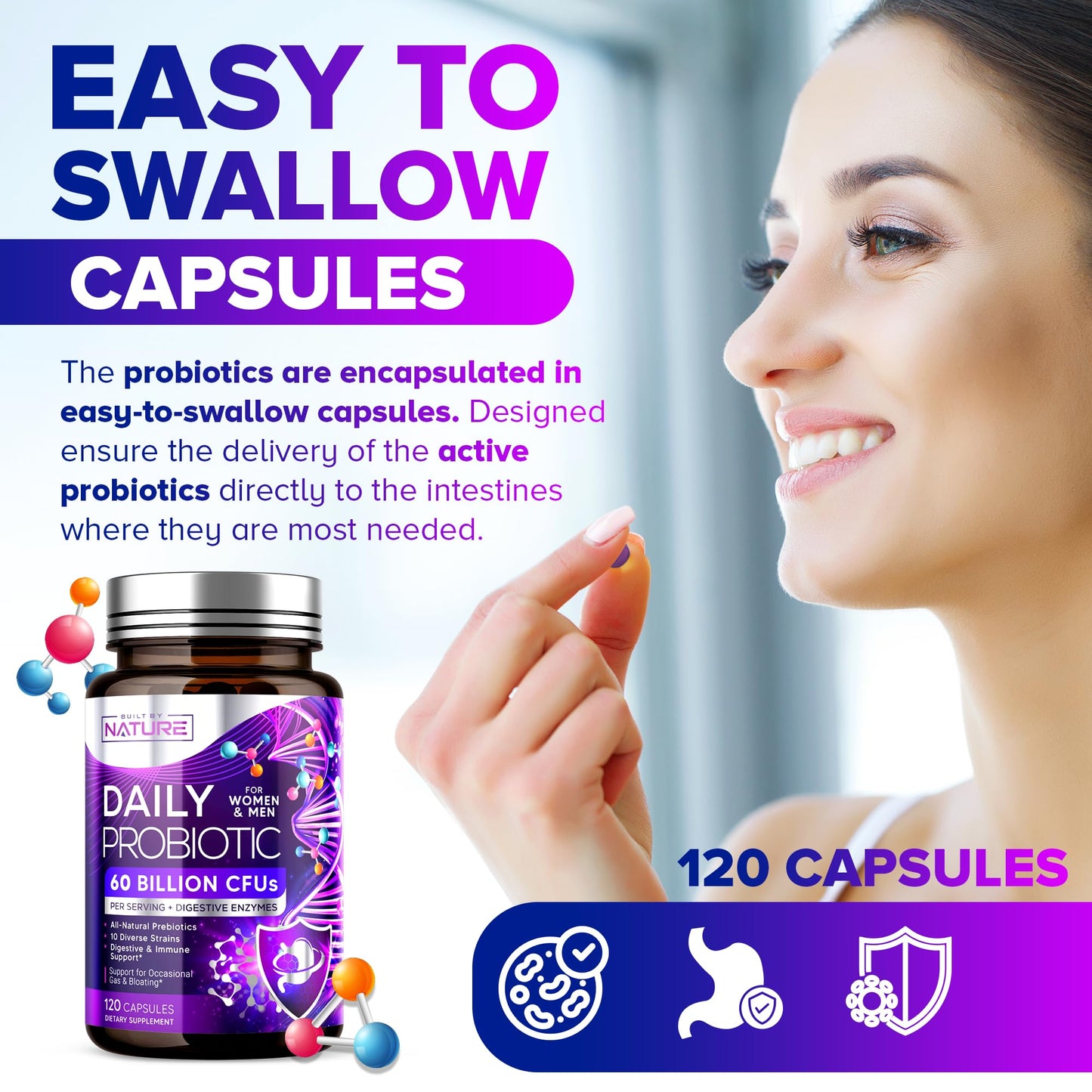 Built by Nature Probiotic for Women & Men – 60 Billion CFU, 10 Strains + Prebiotics & Digestive Enzymes – Supports Digestive, Immune, Reduce Gas & Bloating – Shelf Stable, Non-GMO, 120 Capsules
