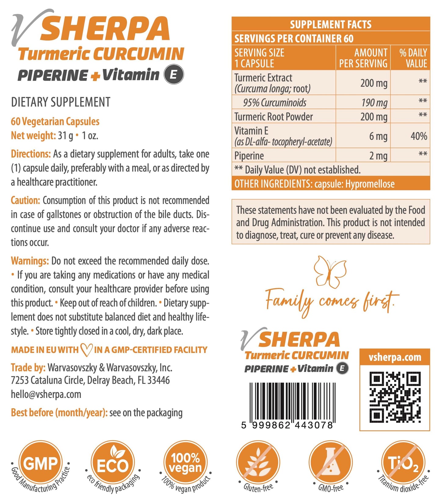 vSherpa Turmeric Curcumin with Piperine & Vitamin E – 95% Curcuminoids for Antioxidant & Mobility Support, Enhanced Absorption, Premium Vegan, Non-GMO, Gluten-Free, GMP-Certified, 60 Capsules