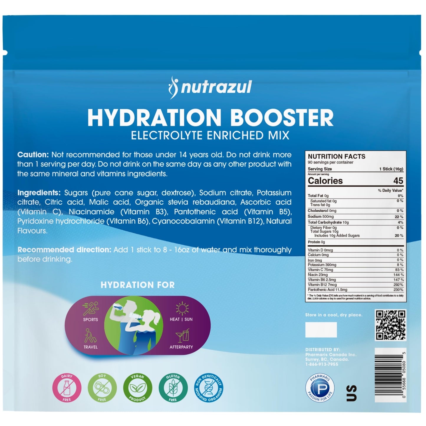 Nutrazul Hydration Booster Electrolyte Powder Sticks with Sodium, Potassium, Vitamin B6 & B12, Acai Berry Flavor, 90 Sticks