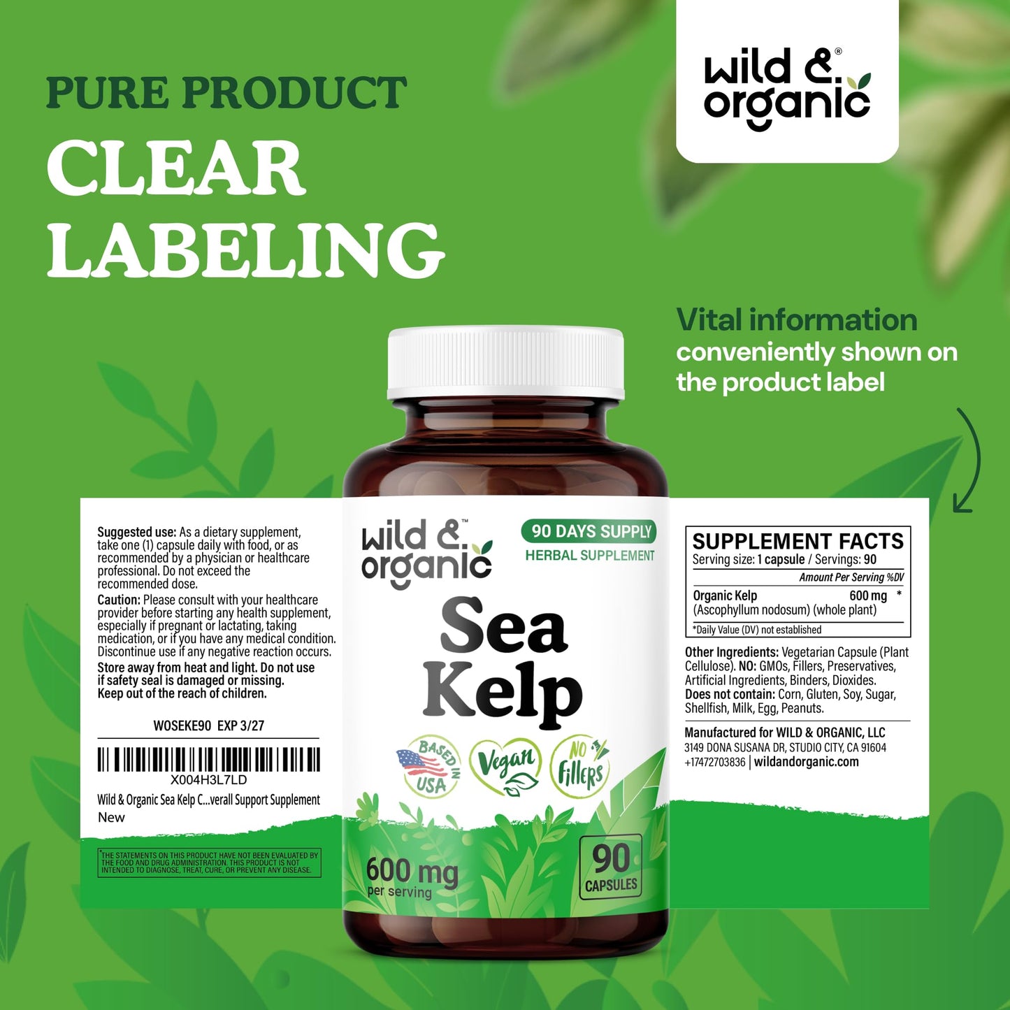 Wild & Organic Sea Kelp Supplement 600 mg Capsule 90 Count