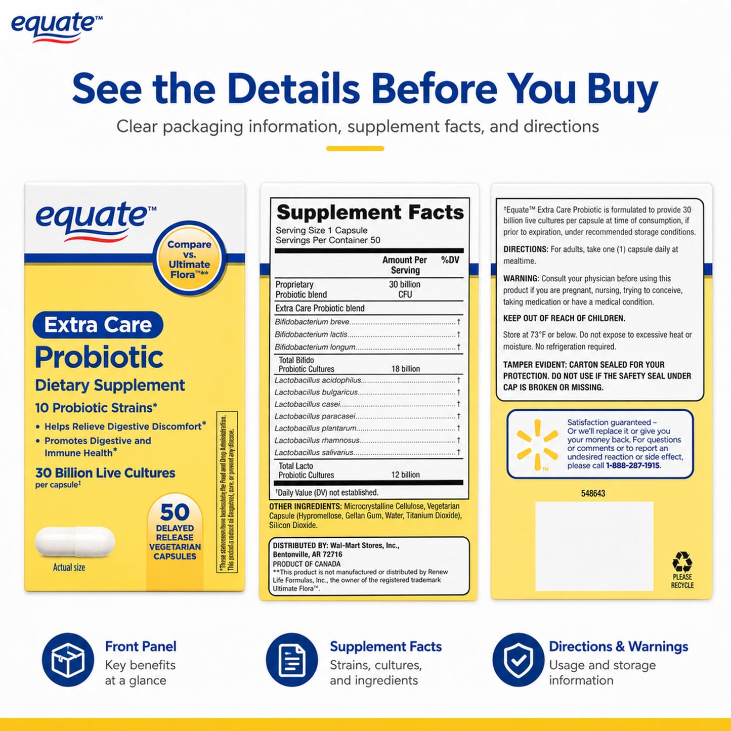 Bio360 Equate Extra Care Multi Strain Probiotic Capsules-30 Billion CFU-10 Strains 50 Count