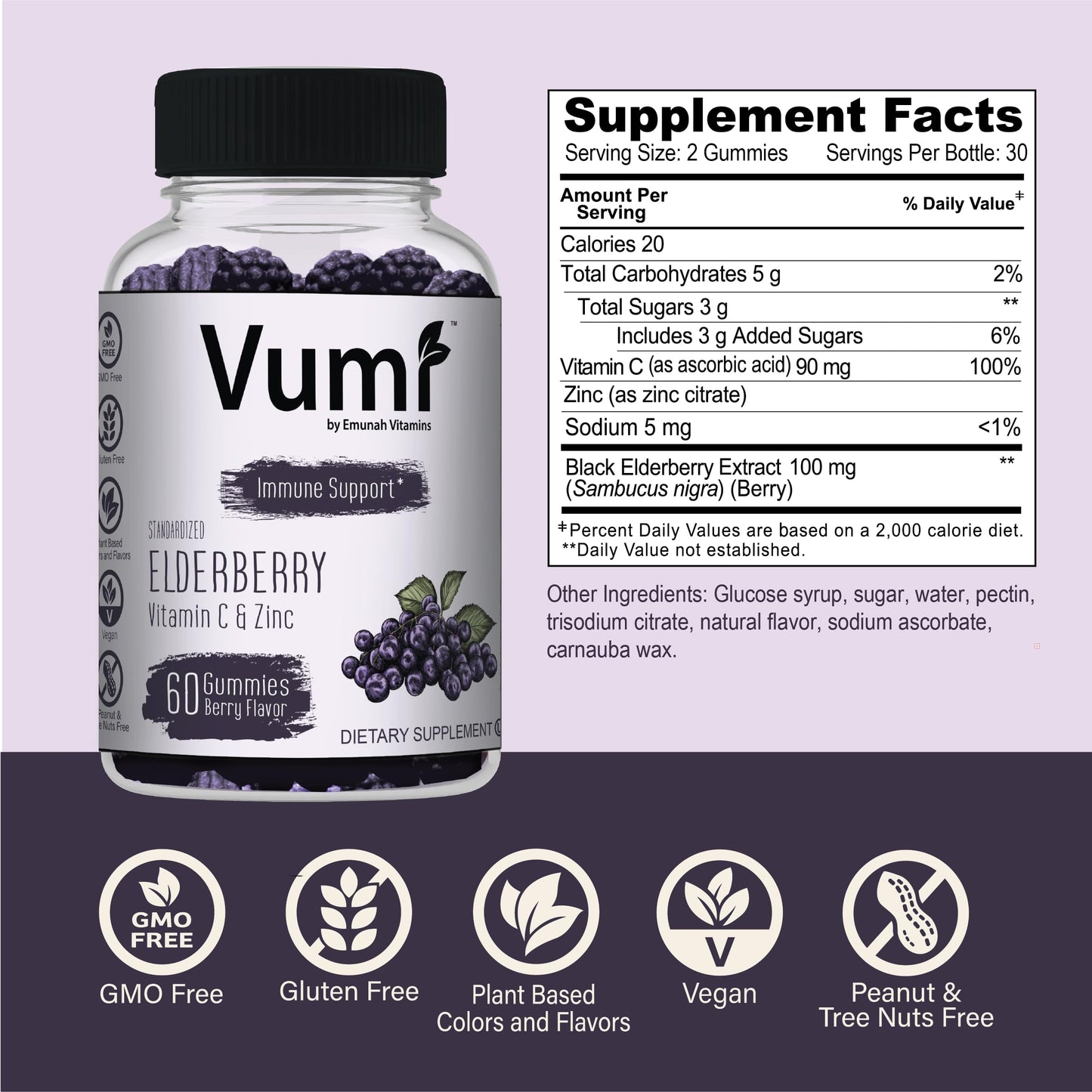 Vumi Elderberry Gummies with Vitamin C & Zinc Chewable 60 Gummies