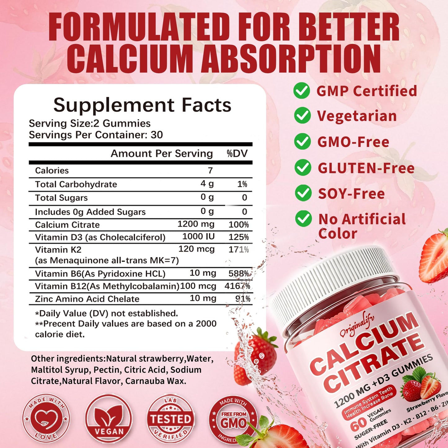originalifv 6-in-1 Calcium Gummies 1200 mg with Vitamin D3, K2, 60 Gummies