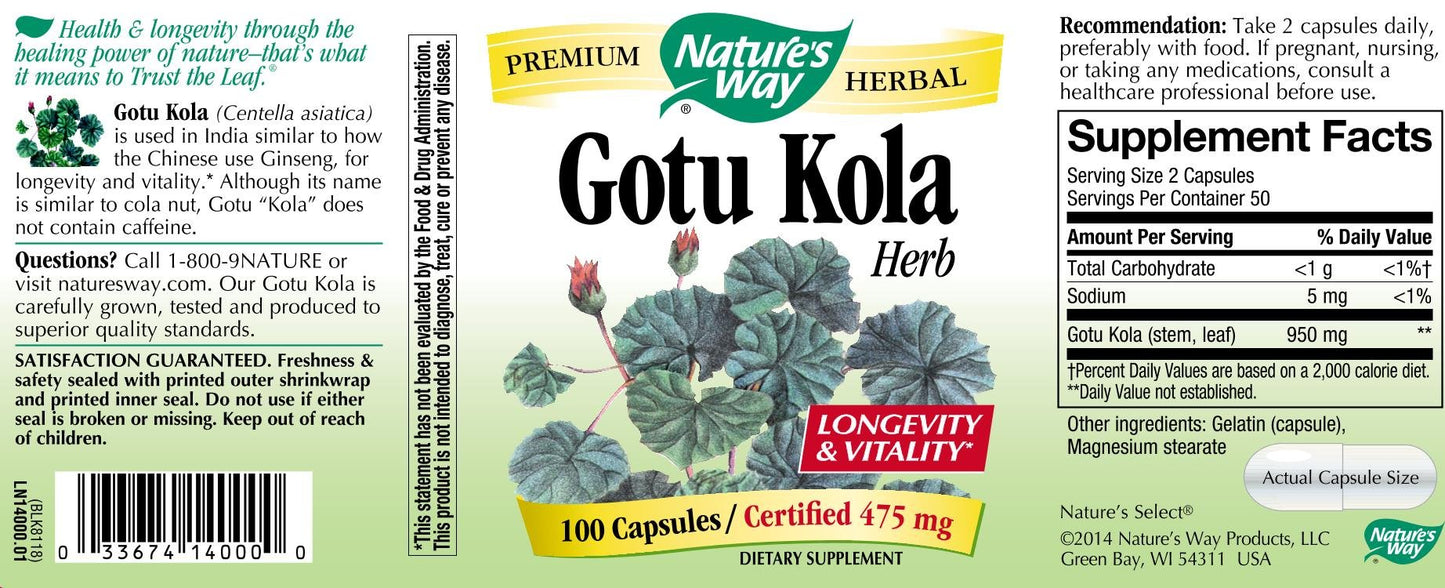 Nature's Way Gotu Kola Herb Vegetarian Capsule, 100 Capsules