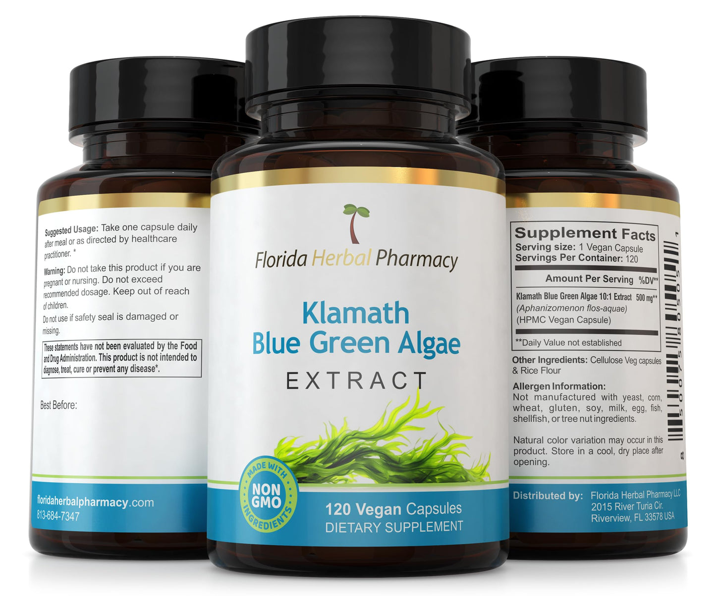 Florida Herbal Pharmacy Klamath Blue Green Algae Extract Supplement 10:1 Capsules, 120 Count