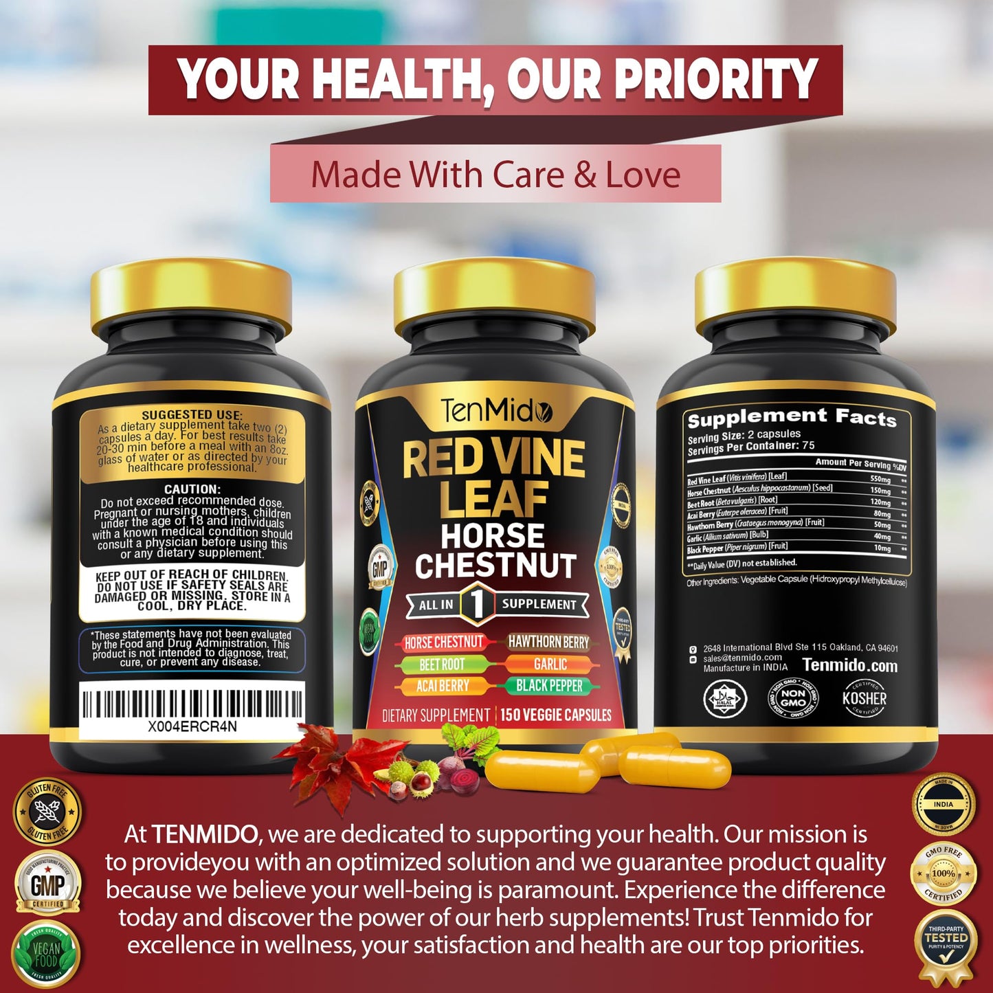Tenmido Red Vine Leaf Extract Supplement Capsule 150 Count