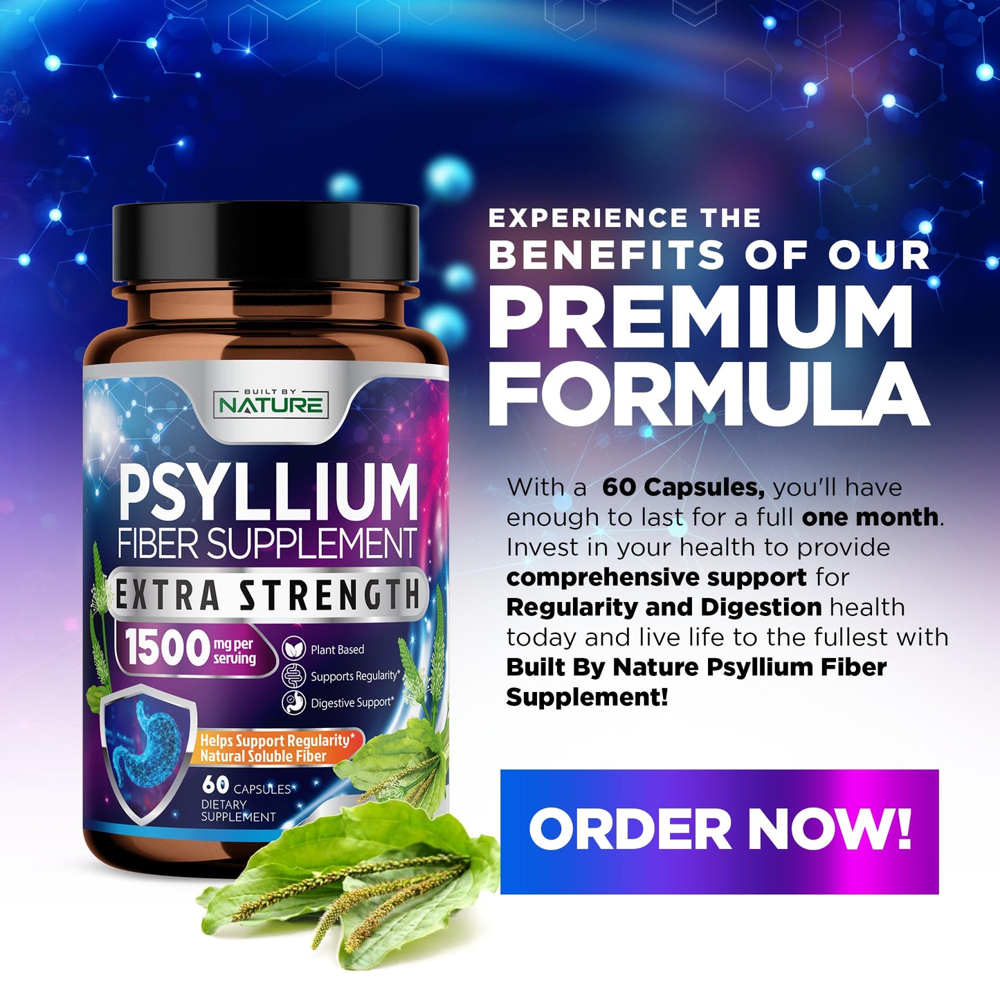 Built by Nature Psyllium Husk Capsules 2000mg, 60 Capsules