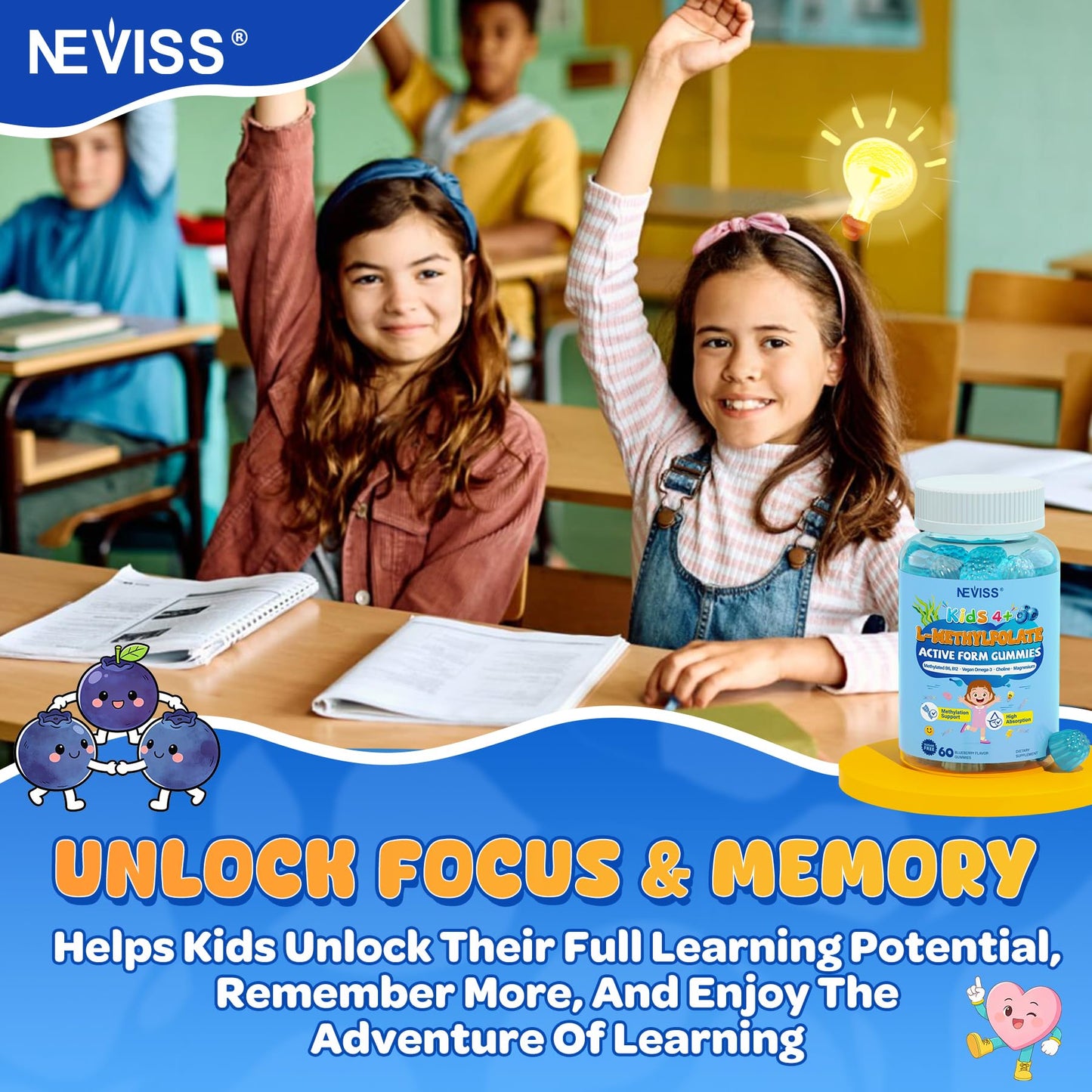NEVISS L-Methylfolate 1000mcg Gummies for Kids & Teens with Methyl B6 & B12, MTHFR Support, Sugar Free, 120 Gummies
