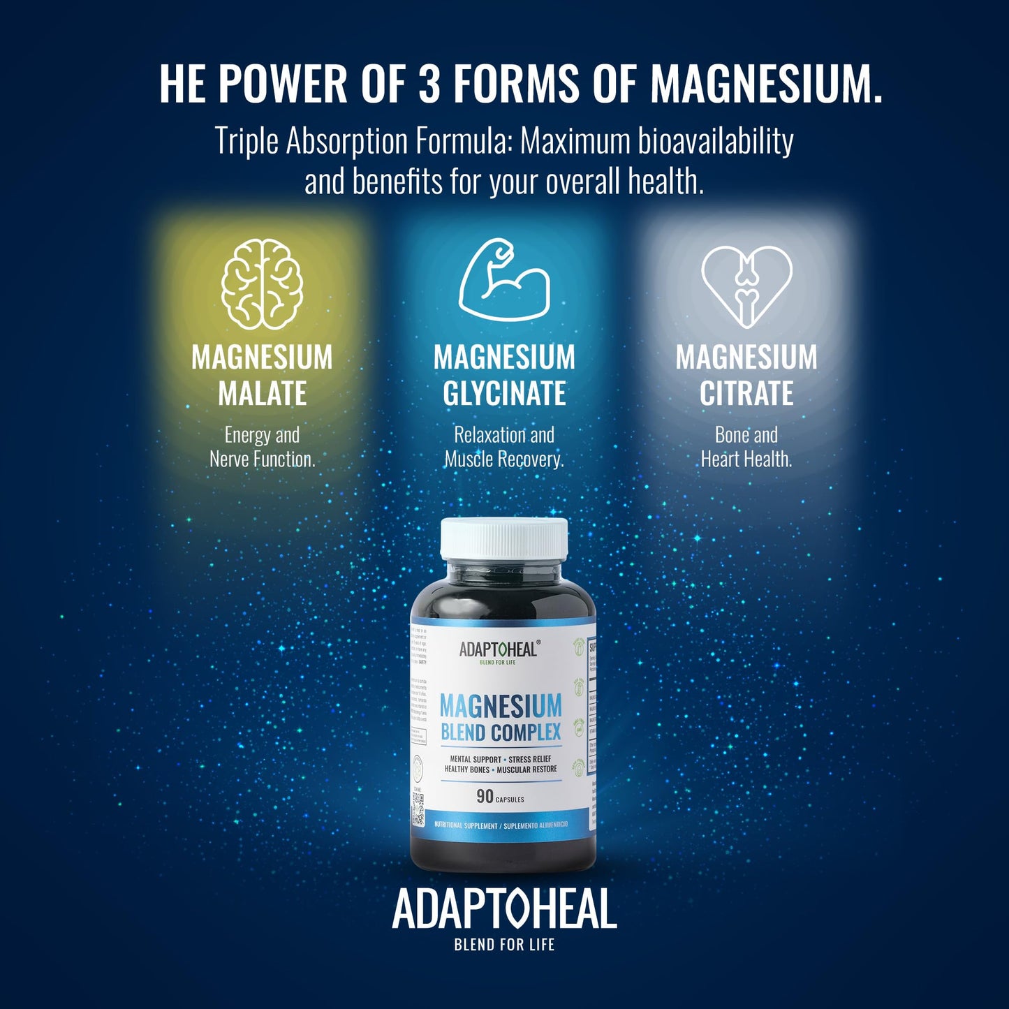 ADAPTOHEAL Magnesium Complex – Glycinate, Malate & Citrate with Vitamin B6, 90 Capsules