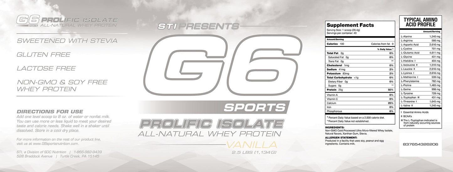 STI G6 Sports Prolific Isolate Whey Protein Powder Vanilla, 3 Pack