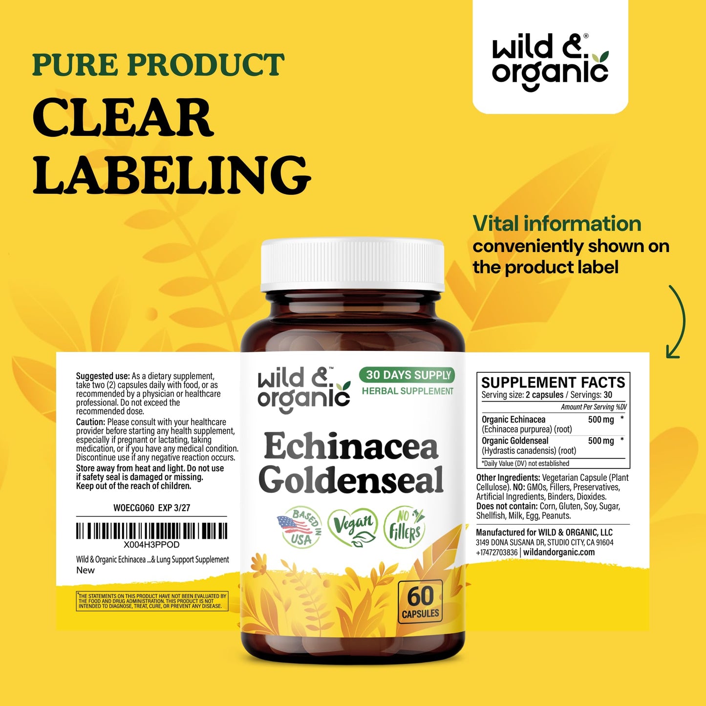 Wild & Organic Echinacea Goldenseal Capsules, 60 Count