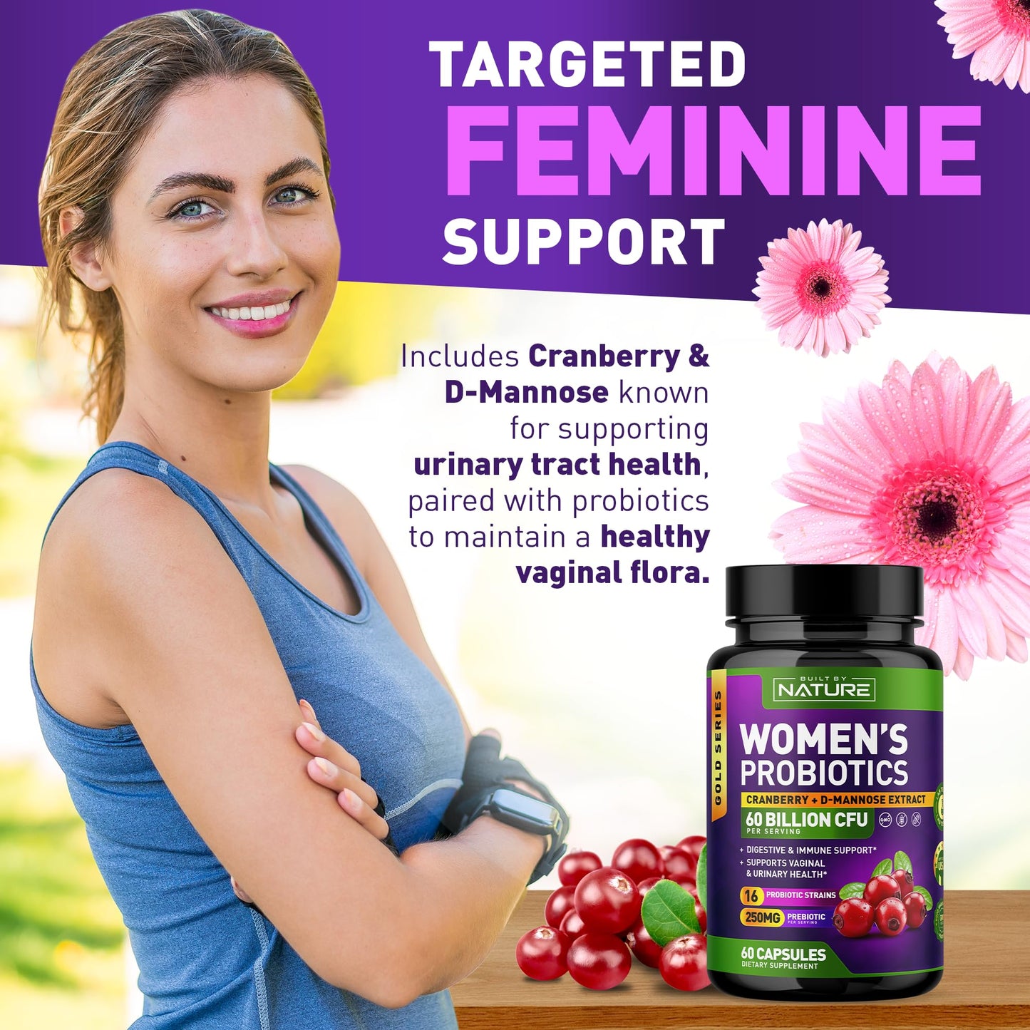 Built by Nature Probiotics for Women 60 Billion CFUs, 16 Strains, with Cranberry, D-Mannose & Prebiotics, 60 Veggie Capsules