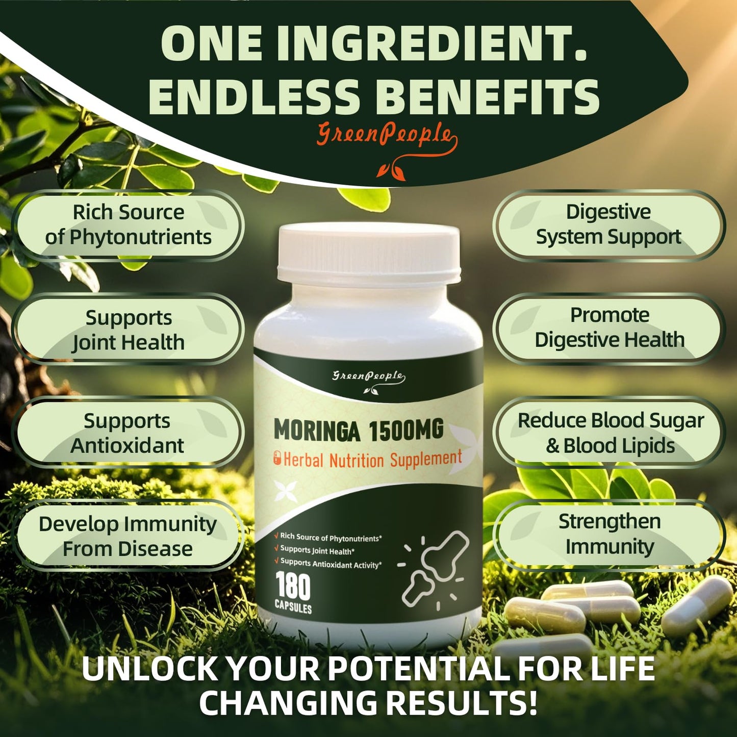 GREENPEOPLE Whole-Leaf Moringa Capsules 1500mg, 180 Count