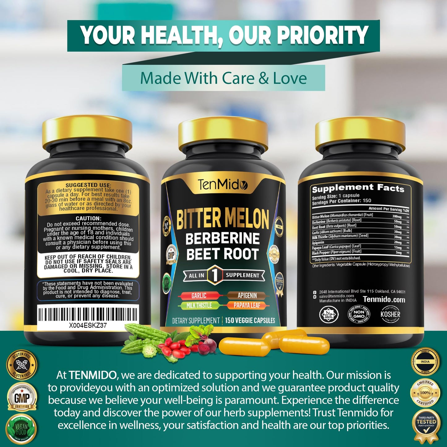 Tenmido Bitter Melon Capsules 150 Count