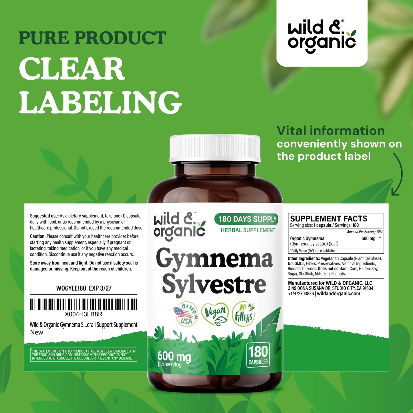 Wild & Organic Gymnema Sylvestre Capsules 600 mg, 180 Count