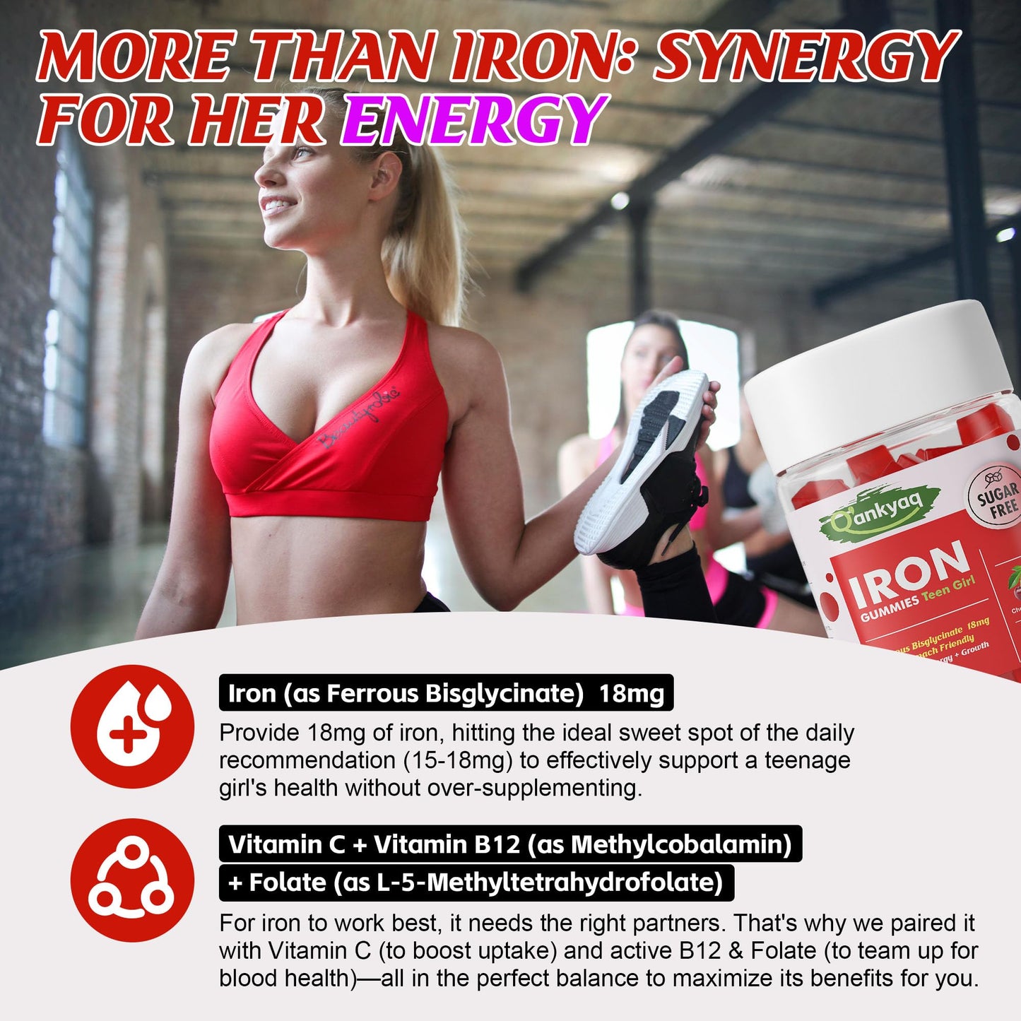 Q'ankyaq Iron Gummies Supplement for Teen Girls and Women, Ferrous Bisglycinate, 60 Gummies