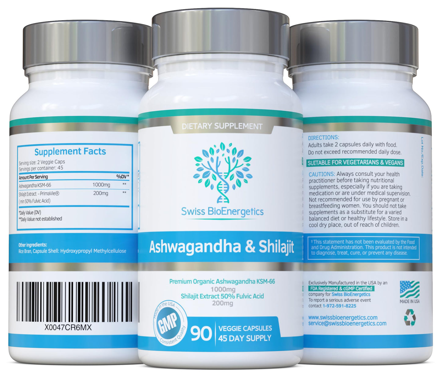 Swiss Bioenergetics Ashwagandha & Shilajit - Ashwagandha KSM-66 1000mg & Purified Shilajit Extract 200mg (50% Fulvic Acid) Capsules 90
