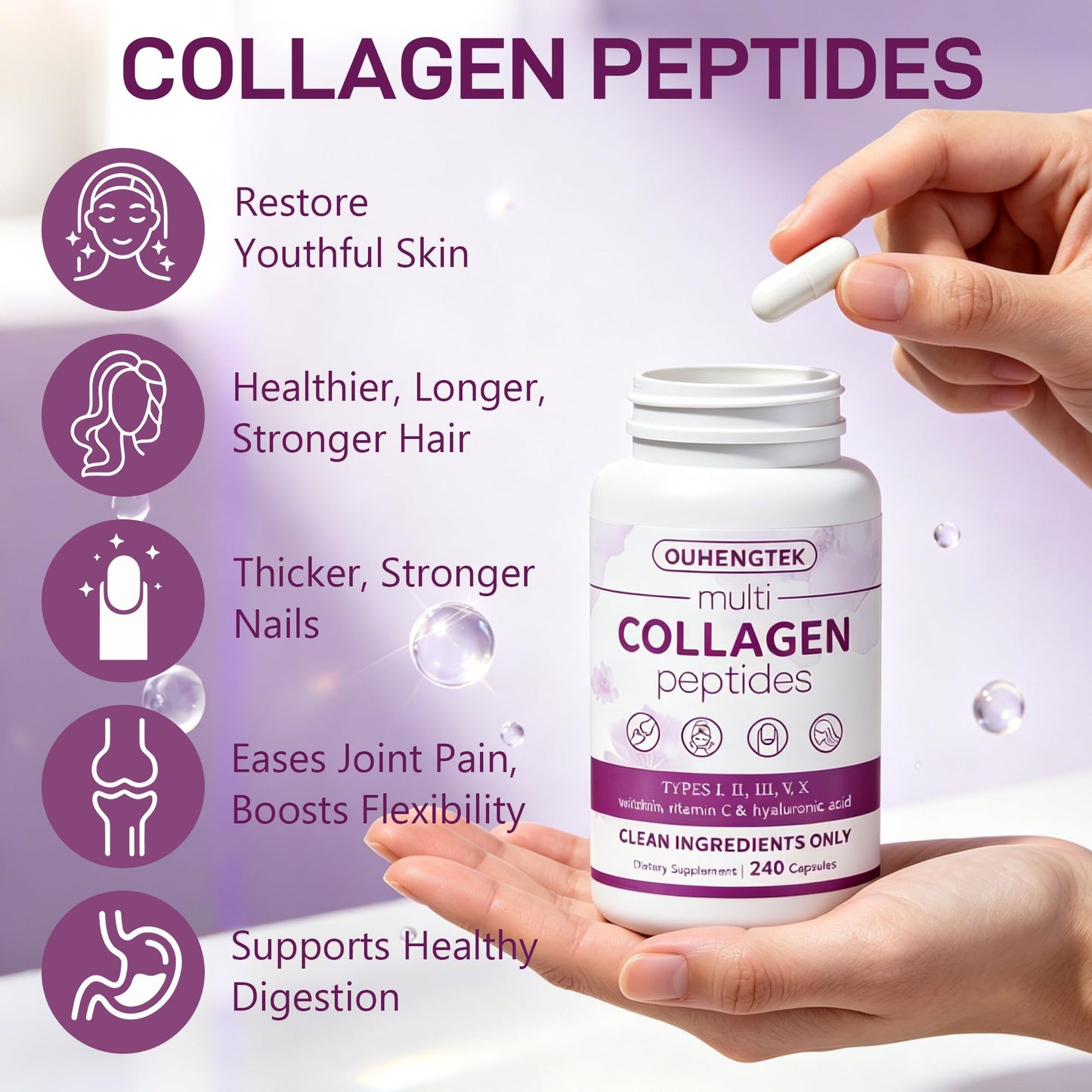 OUHENGTEK Hydrolyzed Collagen Peptides Capsules – Multi Collagen Types I, II, III, V, X with Biotin, Hyaluronic Acid & Vitamin C – Non-GMO, 240 Count