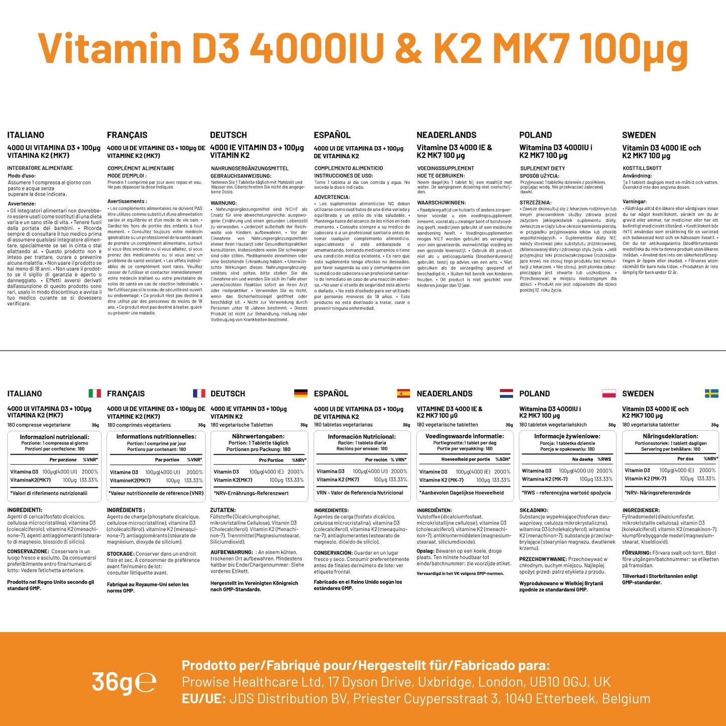 PH PROWISE Healthcare Vitamin D3 4000IU & K2 MK7 100µg, 180 Tablets