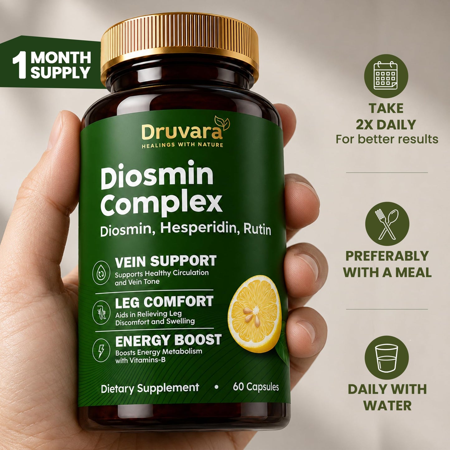 Druvara Diosmin Hesperidin with Rutin & B Vitamins Vein Support 60 Capsules