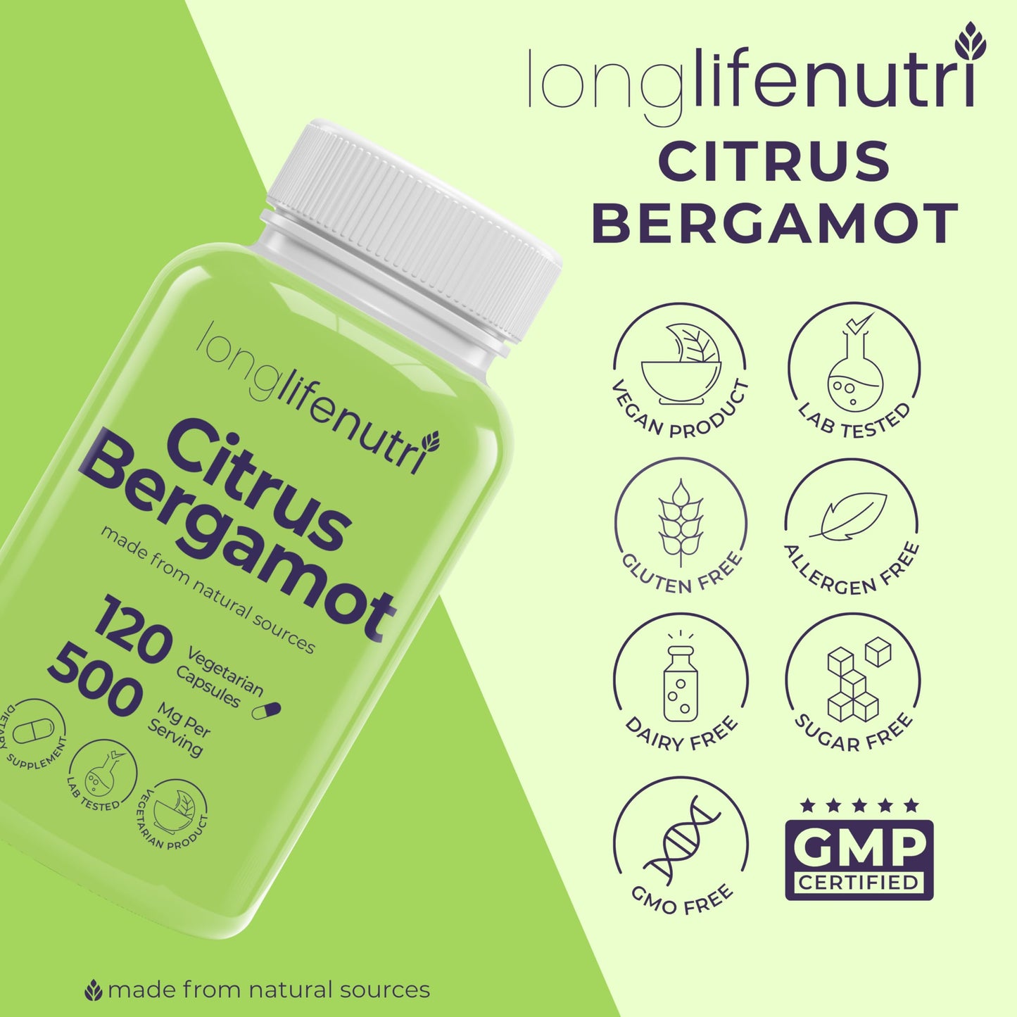 LongLifeNutri Citrus Bergamot Extract 500mg Capsules 120 Count