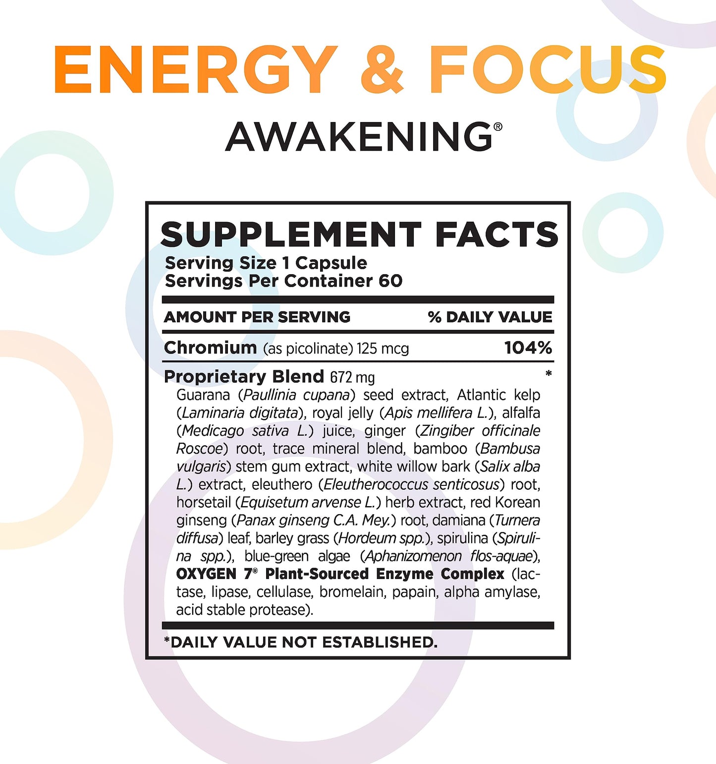 Oxygen Nutrition Awakening Natural Energy & Focus Supplement with Panax Ginseng, Guarana Extract & Chromium Picolinate 60 Capsules