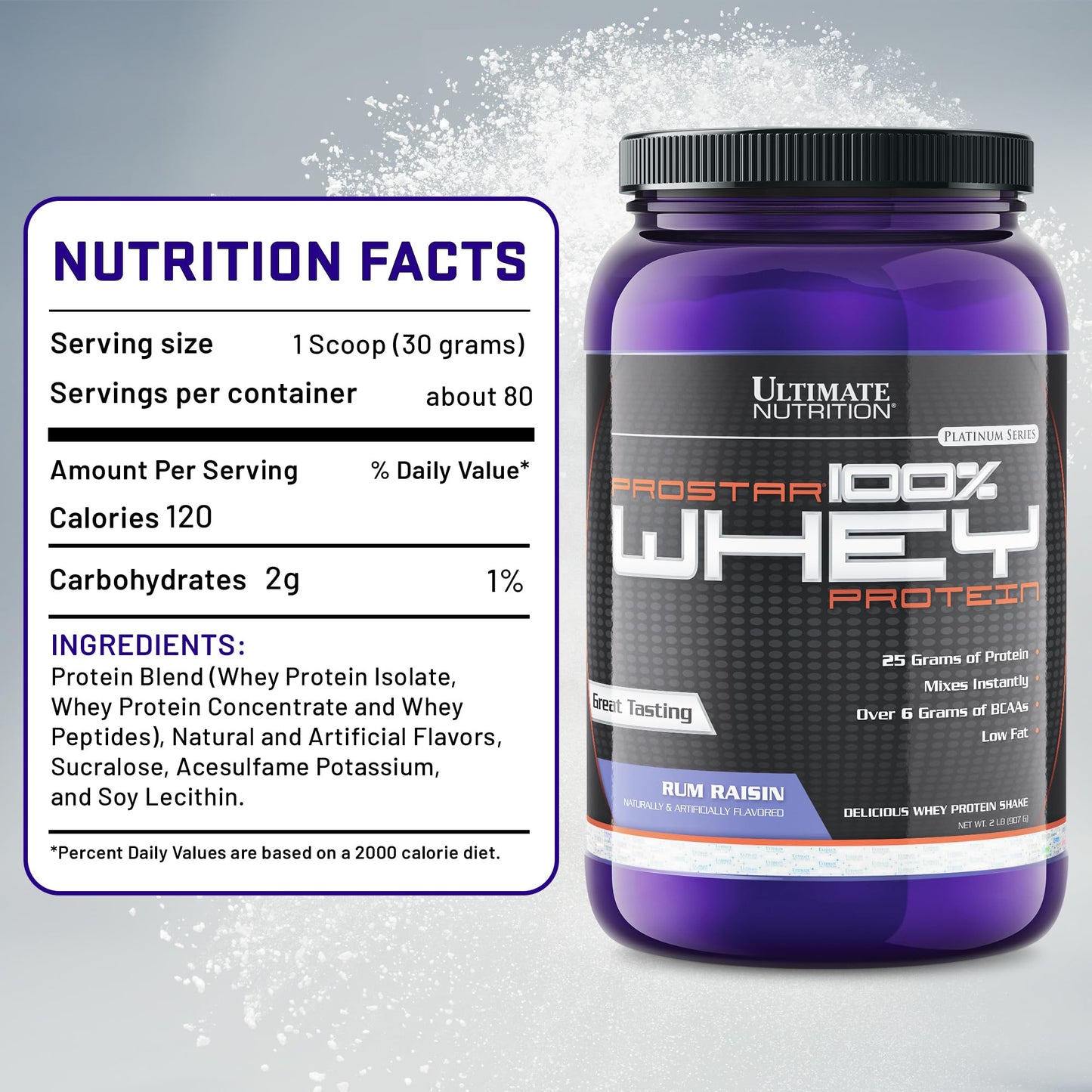 Ultimate Nutrition Prostar Whey Protein Isolate Powder, Rum Raisin, 2 lb, 32