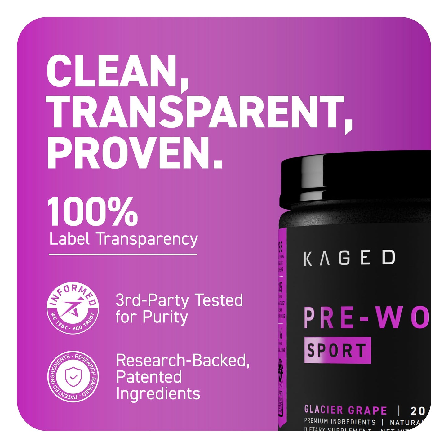 Kaged Sport Pre Workout Powder for Men & Women, Glacier Grape, 9.17 Ounce