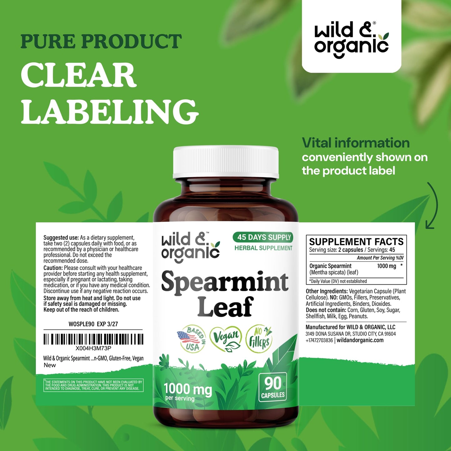 Wild & Organic Spearmint Capsules 90 Count