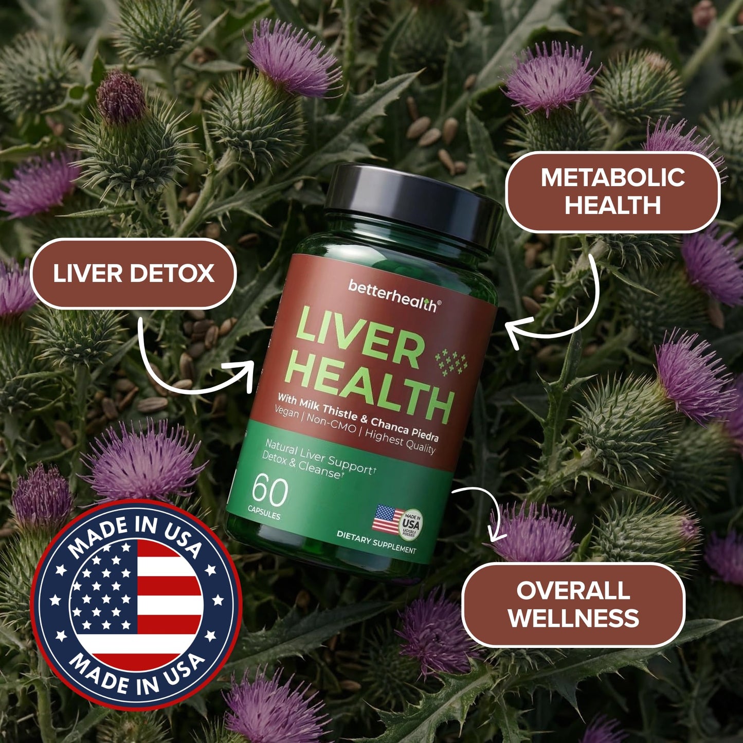 BetterHealth Liver Cleanse Detox & Repair Supplement with Milk Thistle, Dandelion Root & Artichoke Extract – Herbal Liver Support & Daily Detox Capsules, 60 Count