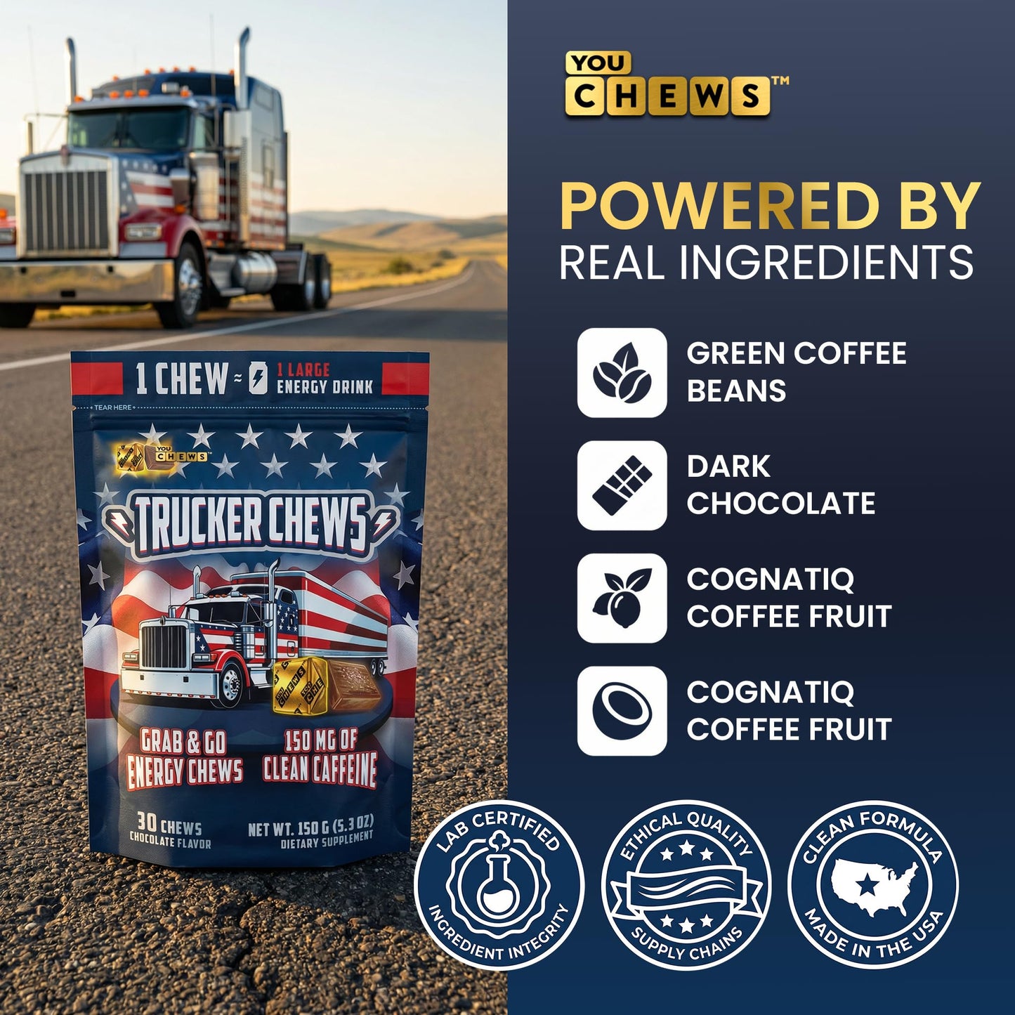 YouChews Trucker Chews Energy Bites Chews, 150mg Caffeine, No Jitters, 30 Count