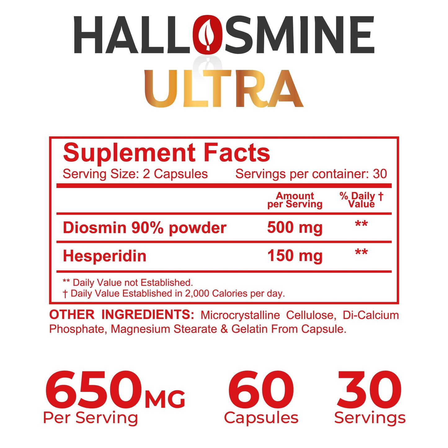 Hallusa Natural Hallosmine Ultra Circulation & Vein Support, Diosmin Hesperdin 650 mg, 60 Capsules