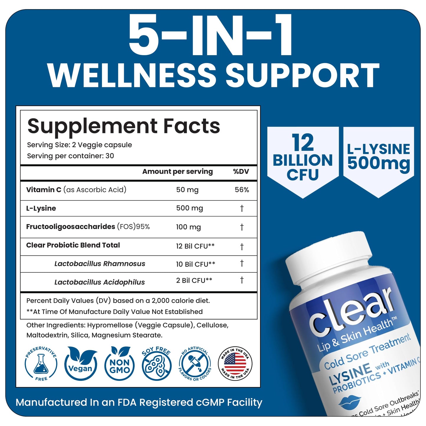 Clear Probiotics Lysine Cold Sore Treatment for Lips with Pre-Probiotics & Vitamin C 180 Capsules