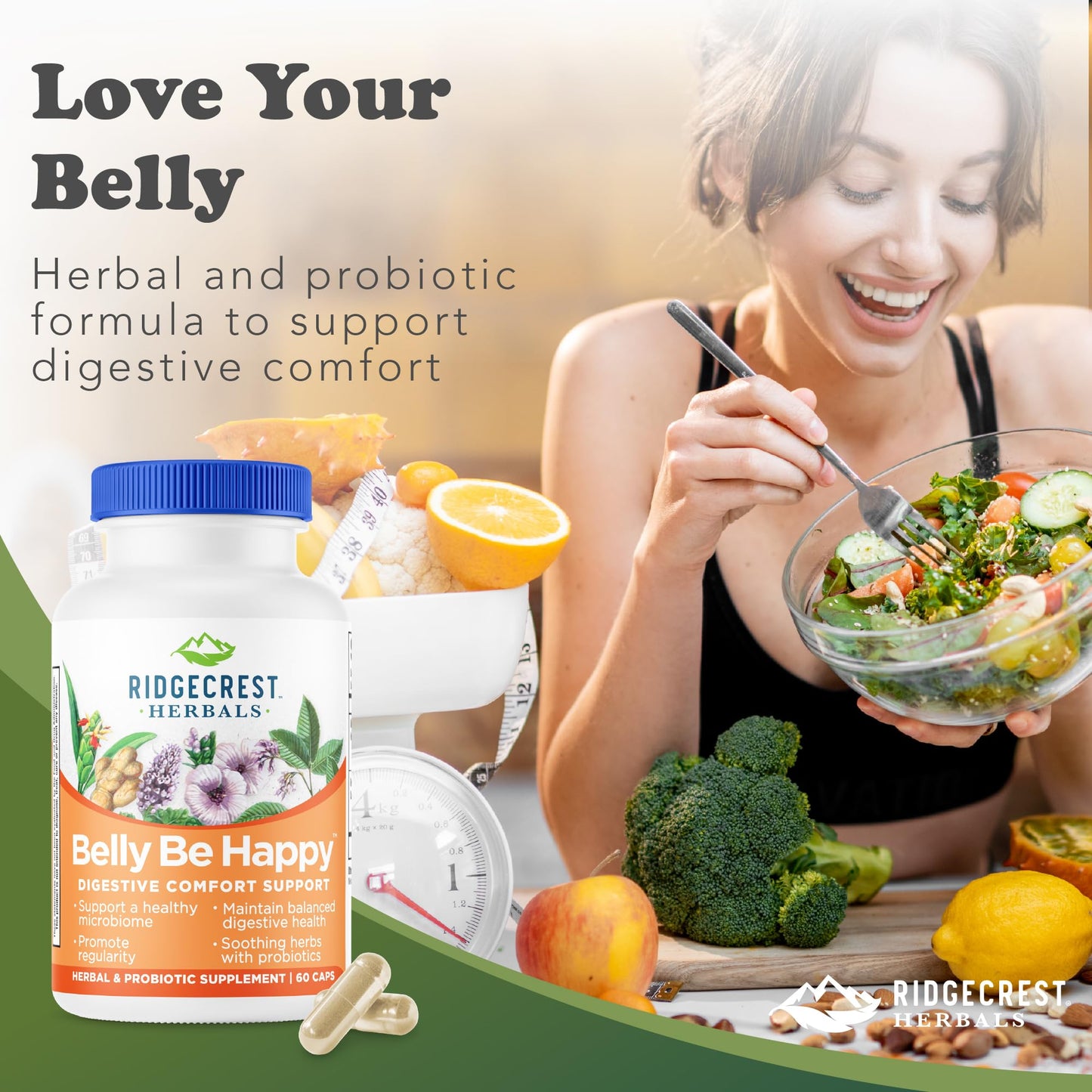 RidgeCrest Herbals Belly Be Happy, Daily Digestive Support and Gut Health with Ginger, Peppermint, and Slippery Elm with 4 Billion CFUs, Probiotic Supplement, 60 Capsules