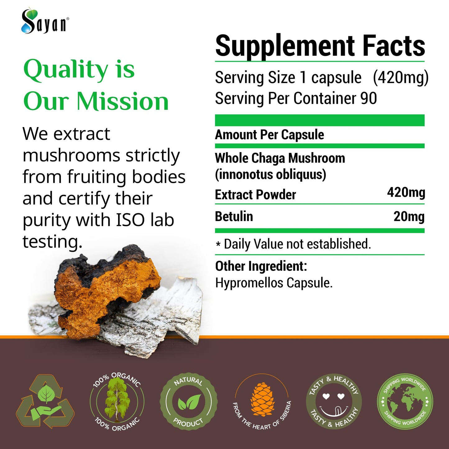 Sayan Siberian Chaga Mushroom Extract with Betulin 90 Capsules
