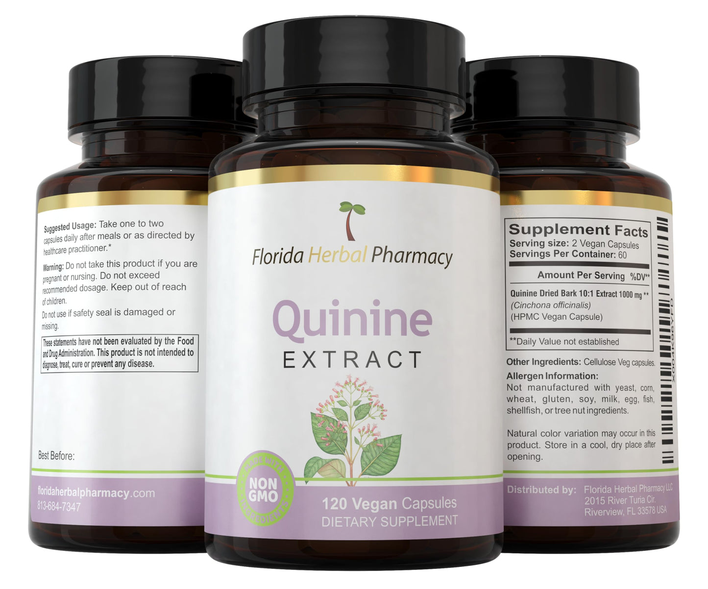 Florida Herbal Pharmacy Quinine Cinchona Dried Bark Extract Supplement Capsules 120 Count