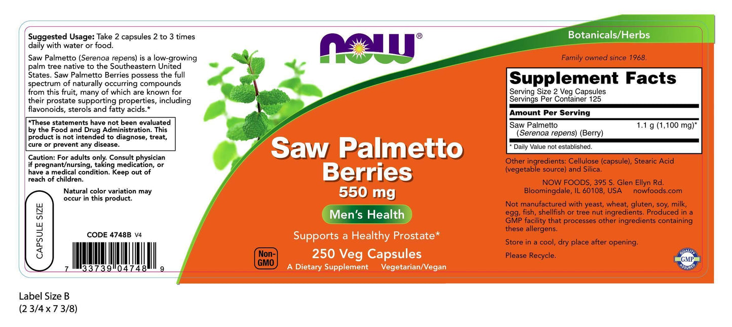 NOW Foods Saw Palmetto Berries 550 mg Capsules 250 Caps