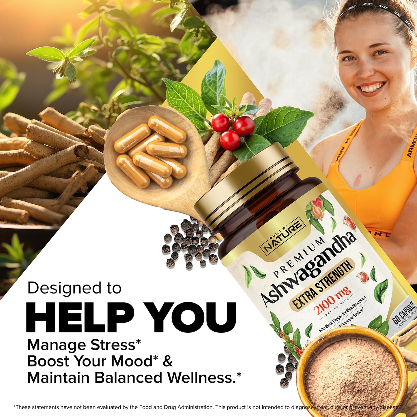 Built by Nature Ashwagandha 2100mg Extra Strength Stress Relief & Mood Support with Black Pepper Extract for Max Absorption, 60 Capsules