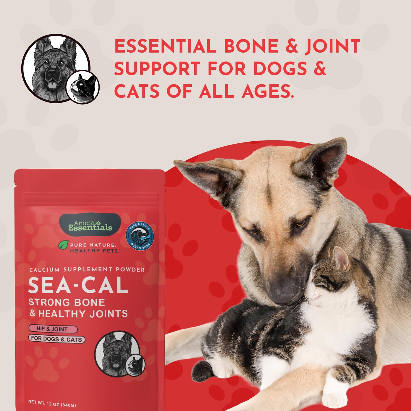 Animal Essentials Seaweed Calcium Supplement for Dogs & Cats, Powder, 24-Count