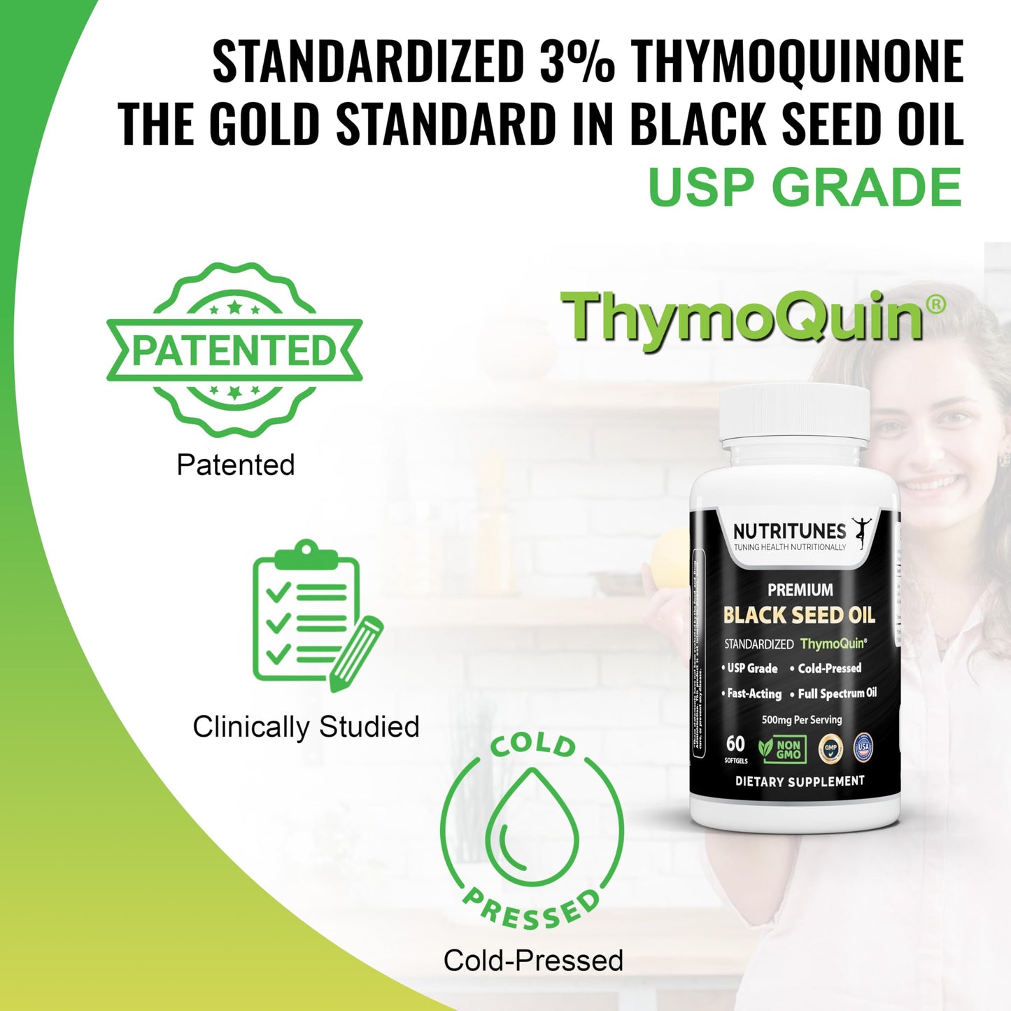 Nutritunes Black Seed Oil 3% Thymoquinone Standardized Softgels, 60 Count