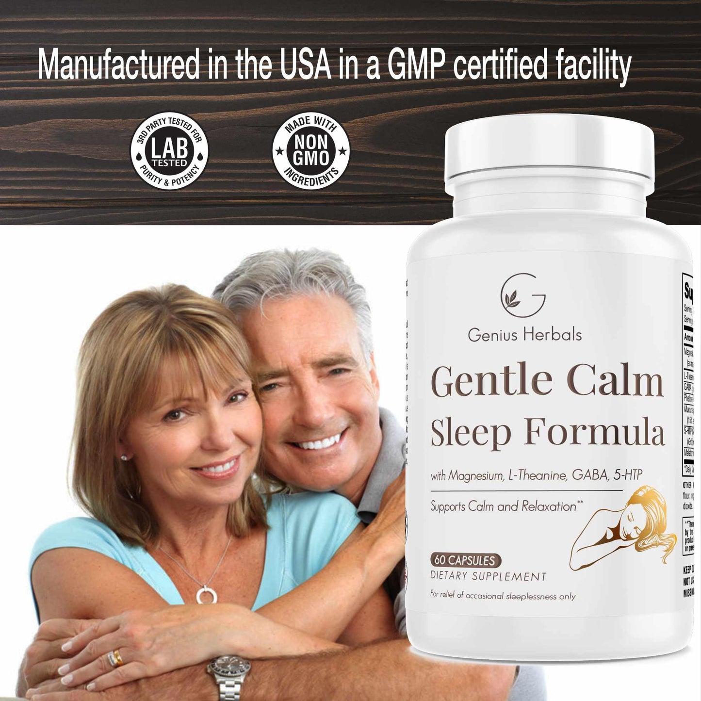 GENIUS HERBALS Gentle Calm Sleep Formula with Magnesium, L-Theanine, Melatonin, GABA, 5-Htp, 60 Capsules