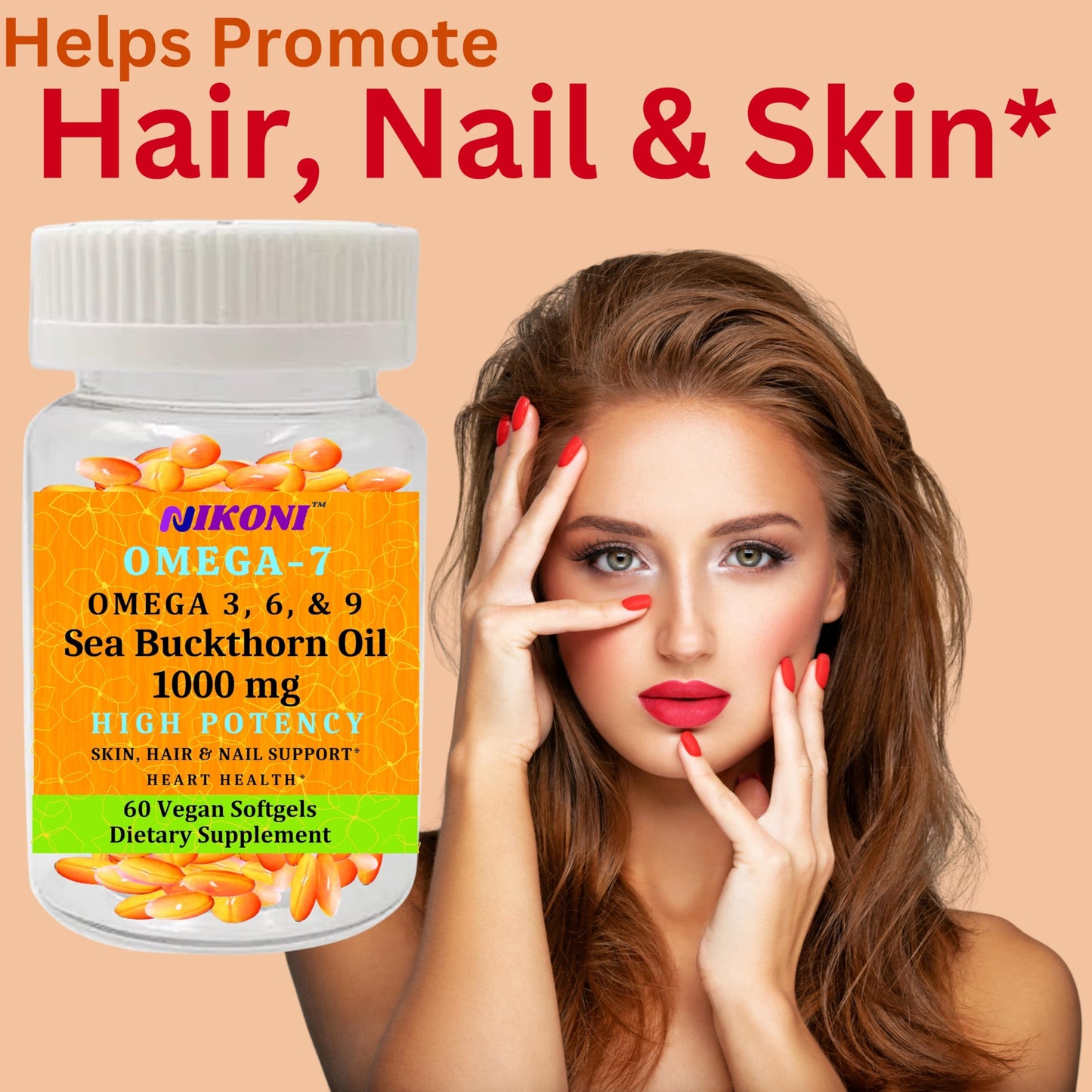 Nikoni Organic Vegan Sea Buckthorn Oil with Omega-7 for Healthy Skin, Hair, Nails Support Softgels, 120 Count